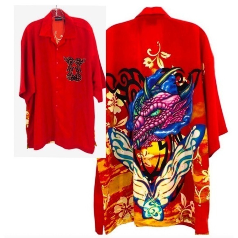 Wingo 2X‎ Dragon Back Graphic Red Polyester Short Sleeve Men’s Button Shirt